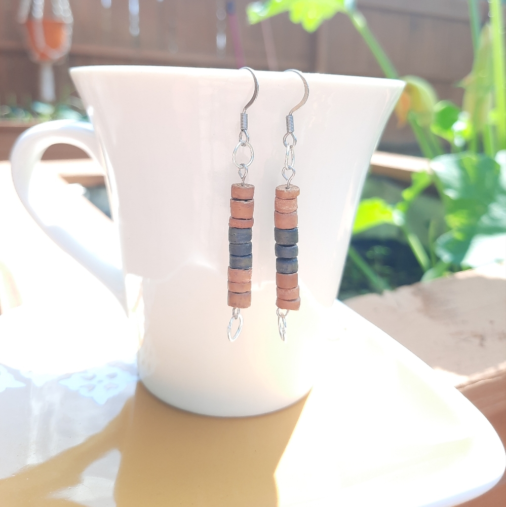 Tan & Gray Green Wood Bead Circle Earrings